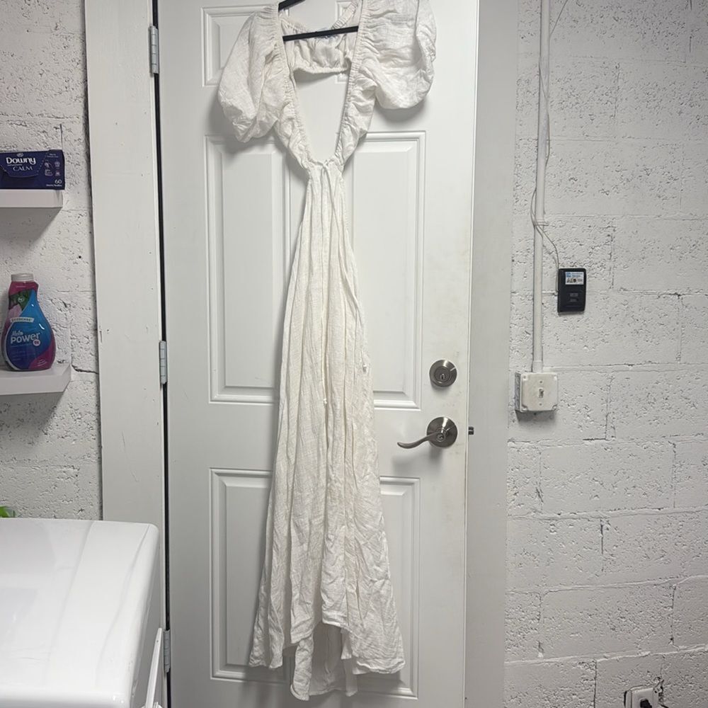 Elegant White Maxi Dress with Puff Sleeves Backless MASON BAKER Large Womens